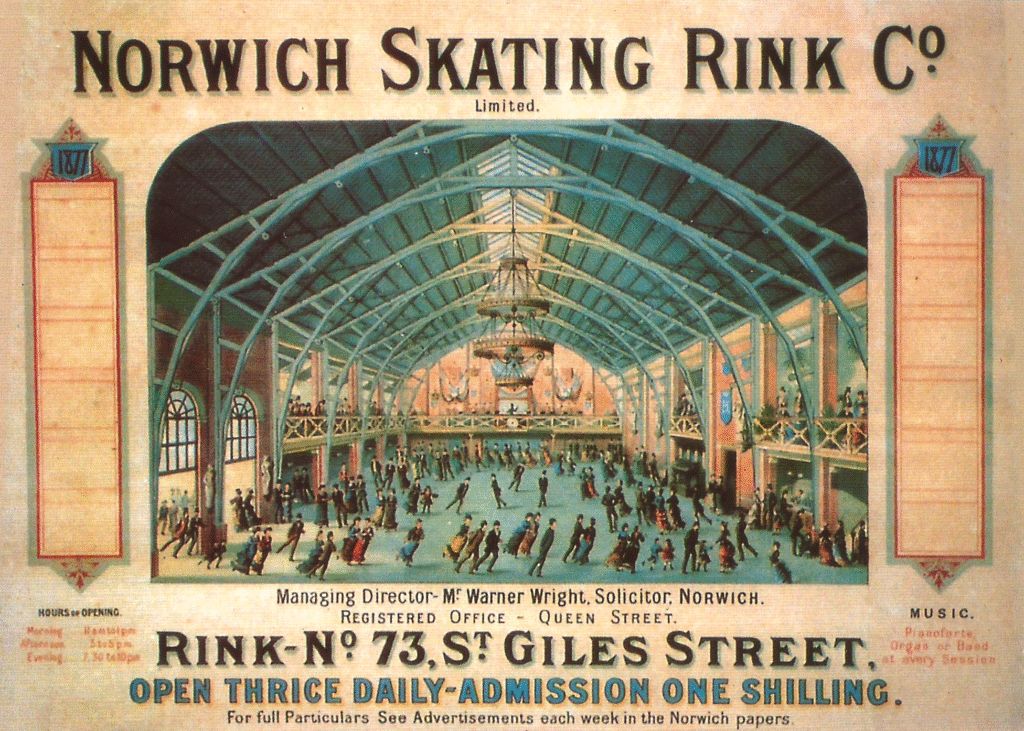 A scan of an old advert for roller skating at Norwich Skating Rink. It has serif all capital text for the building name, location and key ticketing details. Other details like managing director and further info are in lower case serifs.