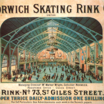 A scan of an old advert for roller skating at Norwich Skating Rink. It has serif all capital text for the building name, location and key ticketing details. Other details like managing director and further info are in lower case serifs.