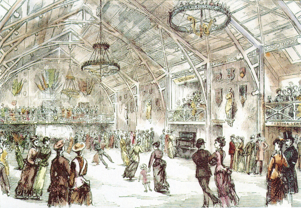 An illustration of people skating in the Victorian era roller rink.