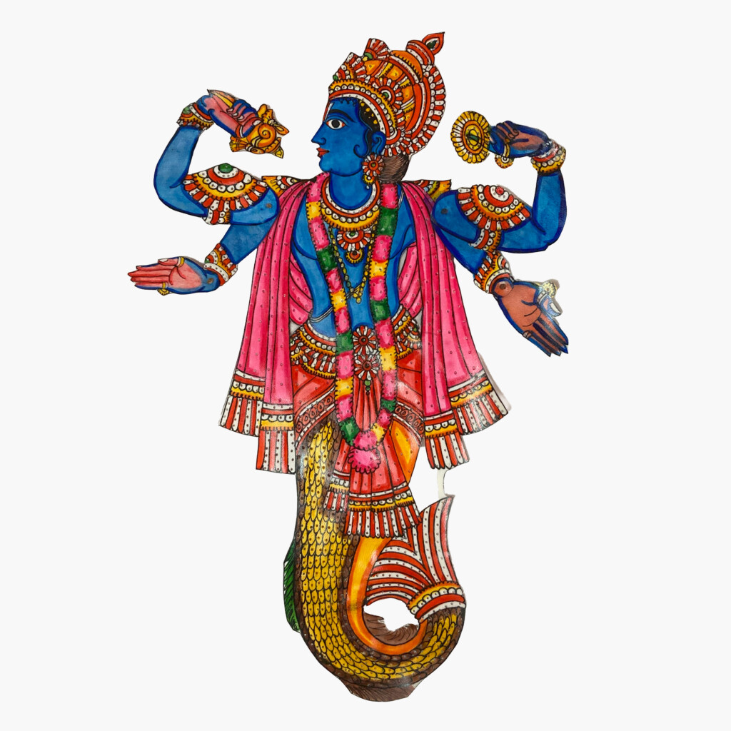 A brightly coloured puppet of Matsya, an avatar of the Hindu deity Vishnu. It shows him upright with the tail of a fish. He has 4 arms, two pointing down with palms open and two up in a flexing position. He is wearing pink with lots of jewellery and has blue skin.