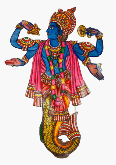 A brightly coloured puppet of Matsya, an avatar of the Hindu deity Vishnu. It shows him upright with the tail of a fish. He has 4 arms, two pointing down with palms open and two up in a flexing position. He is wearing pink with lots of jewellery and has blue skin.
