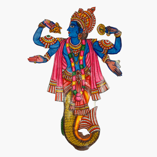 A brightly coloured puppet of Matsya, an avatar of the Hindu deity Vishnu. It shows him upright with the tail of a fish. He has 4 arms, two pointing down with palms open and two up in a flexing position. He is wearing pink with lots of jewellery and has blue skin.