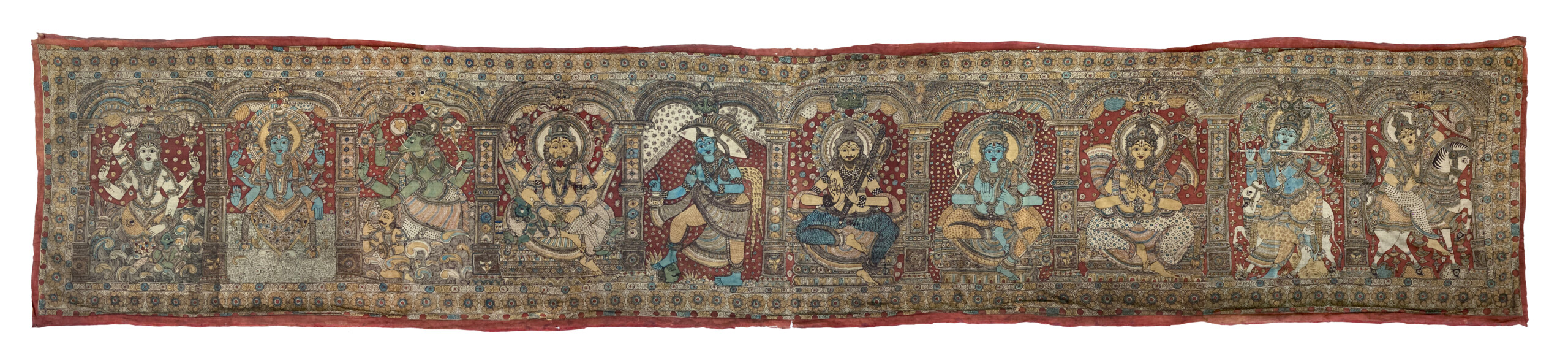 A large landscape hand painted kalamkari textile. It is in dark earthy tones and depicts the ten avatars of Vishnu.