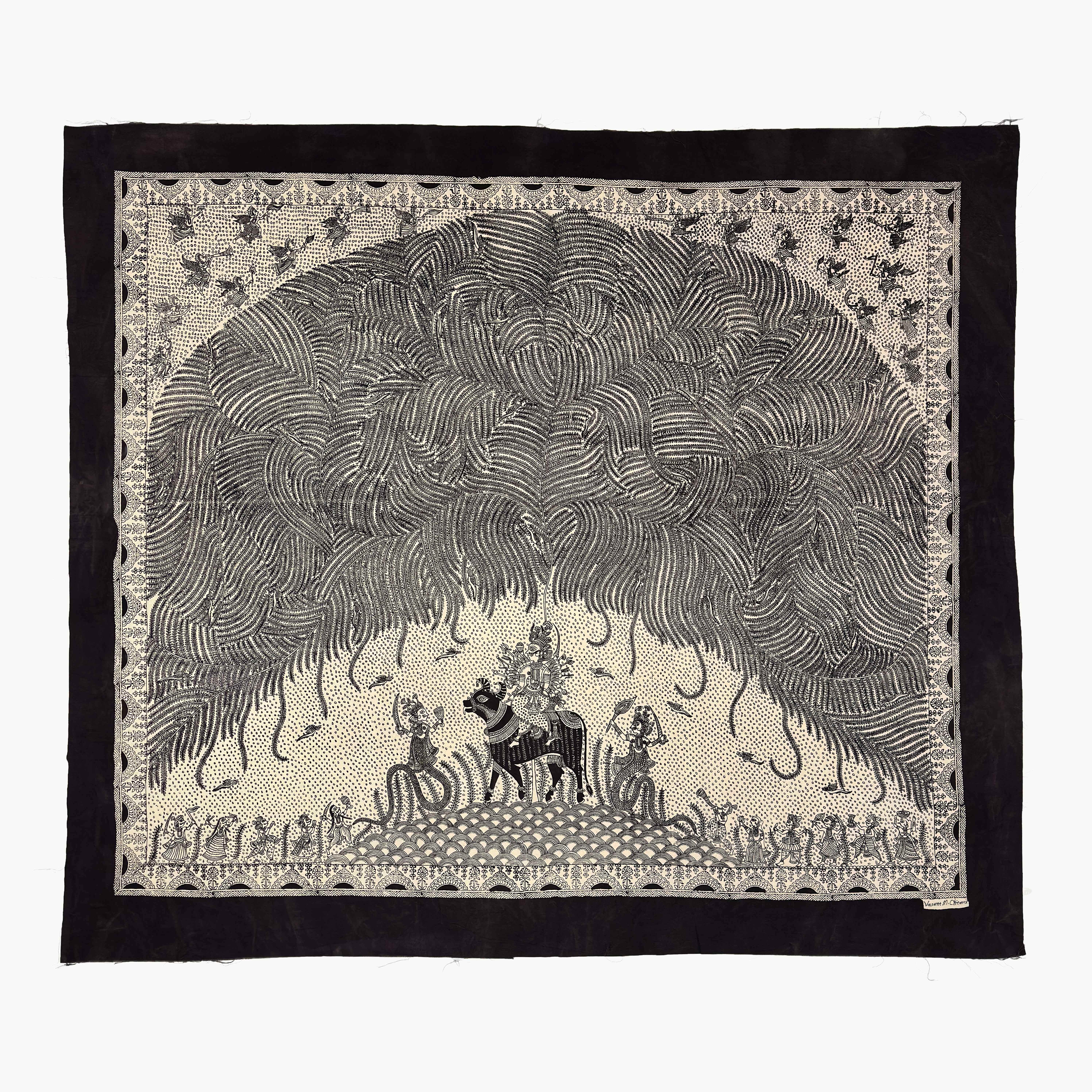 A textile titled Vishat Mata which is black and white shows a goddess on a bull in the middle with lots of details figures and plants around.